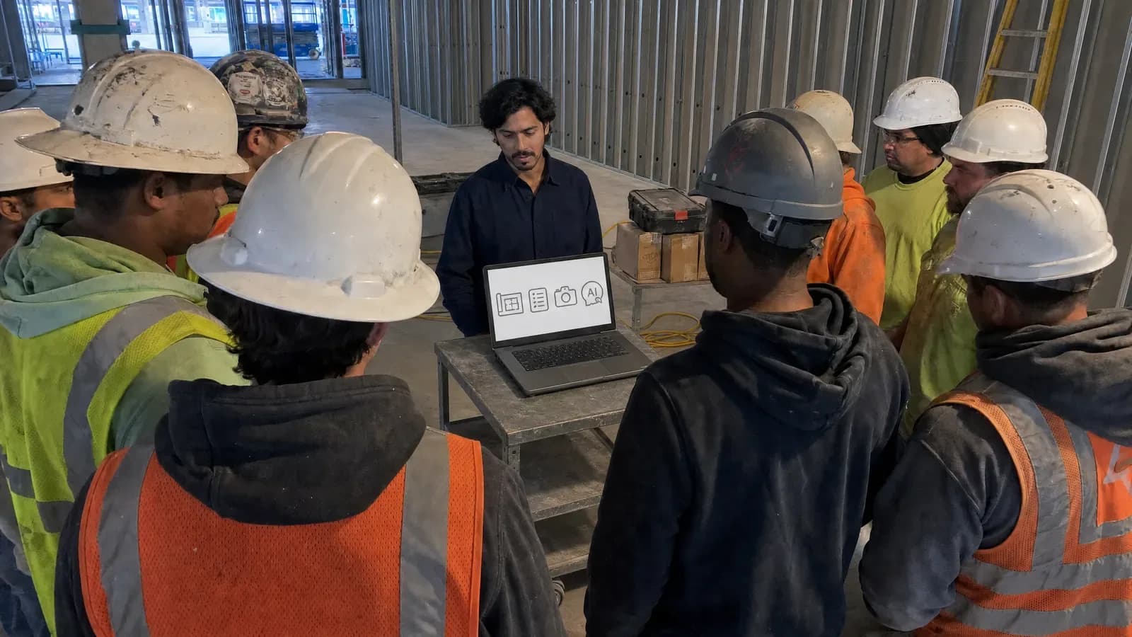 A crew in hard hats gathered around a laptop on a cart, being shown the app on an active jobsite