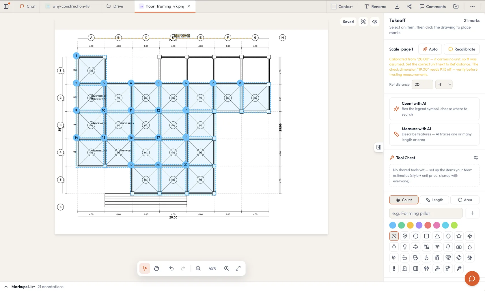 The construction.live desktop app with a drawing open in the estimation workspace