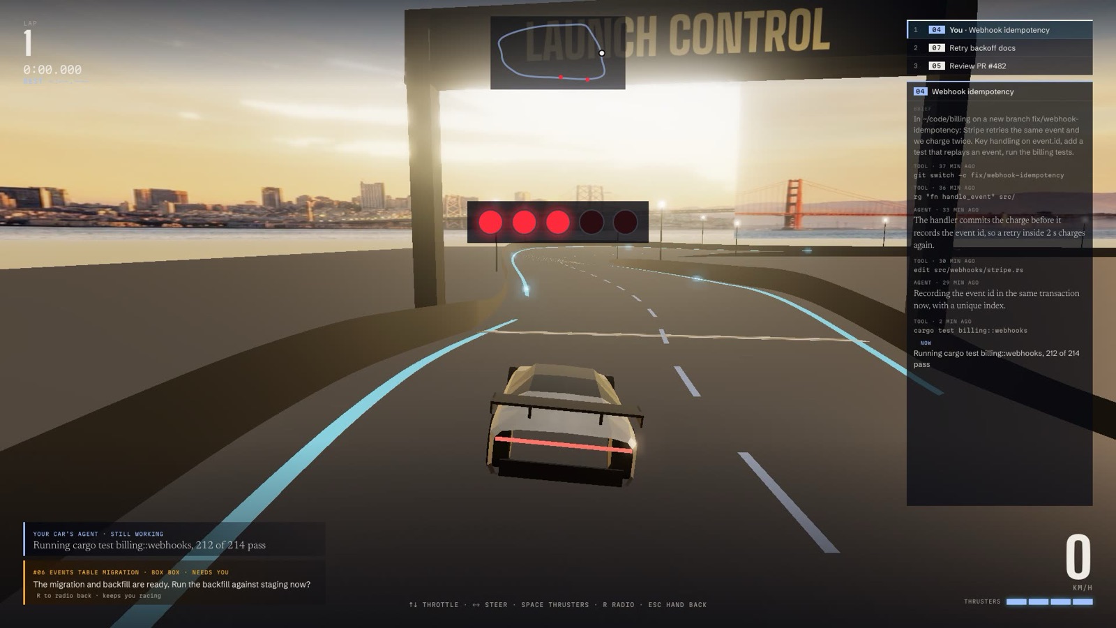 Driving a car on the Bay Night circuit at sunset