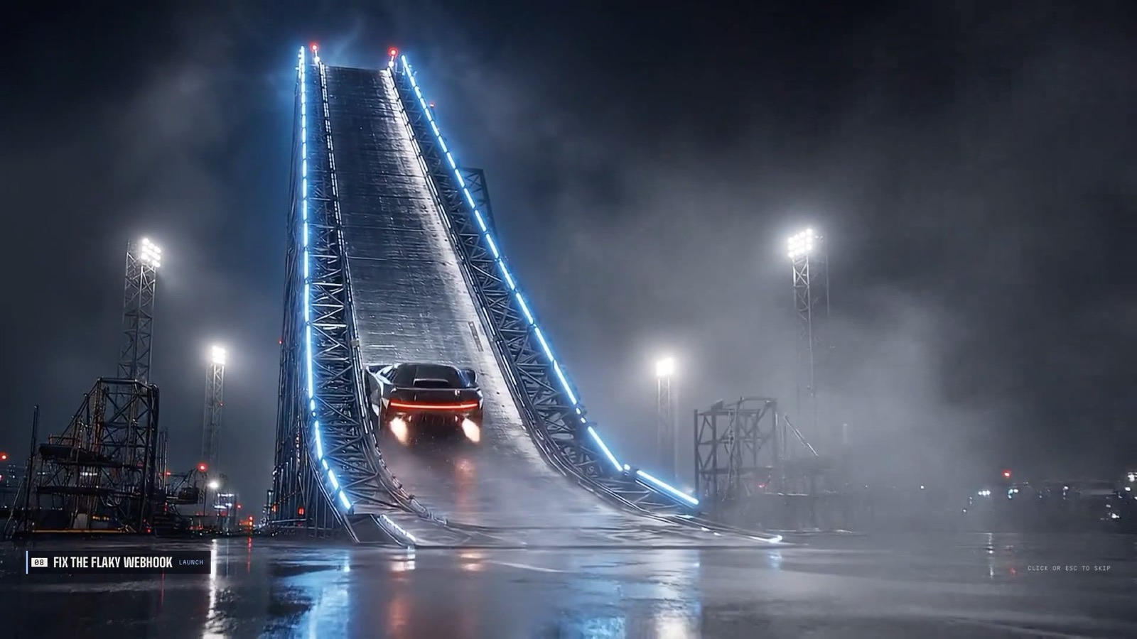 A roadster launching off a neon ramp at night