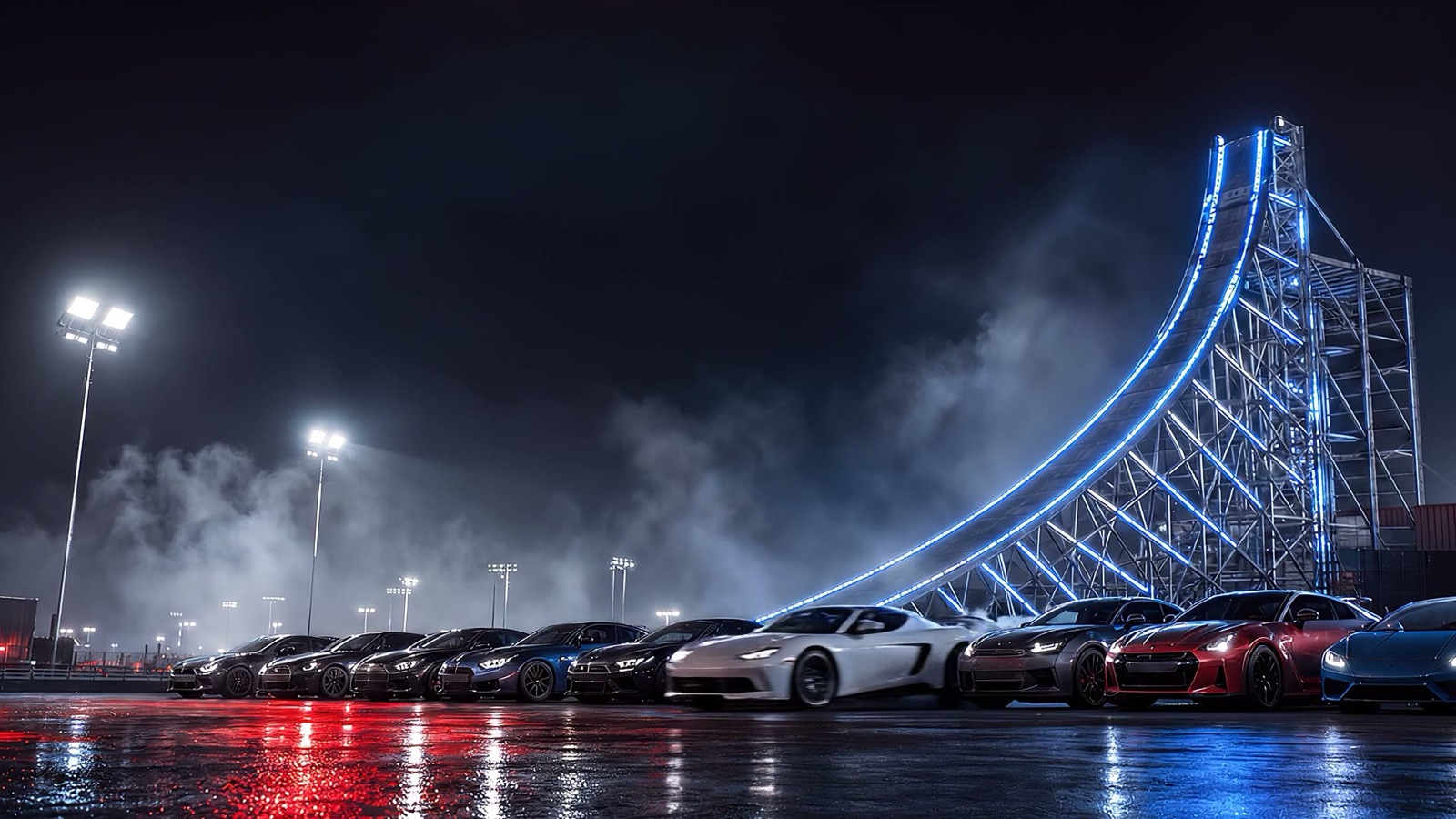 Bay Night: cars lined up under a neon ramp