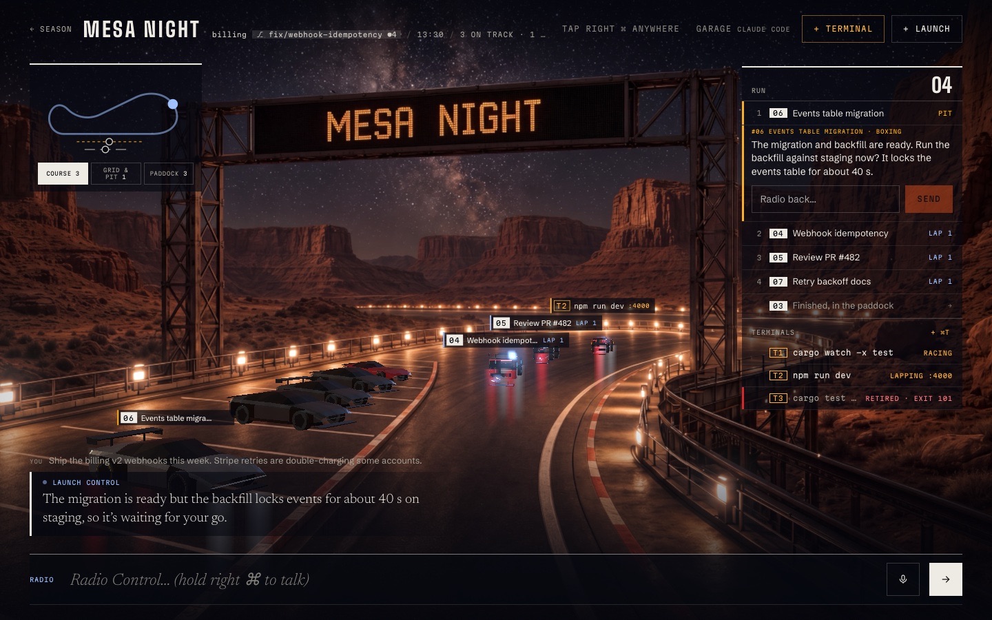 An arena with the radio bar and an agent's message